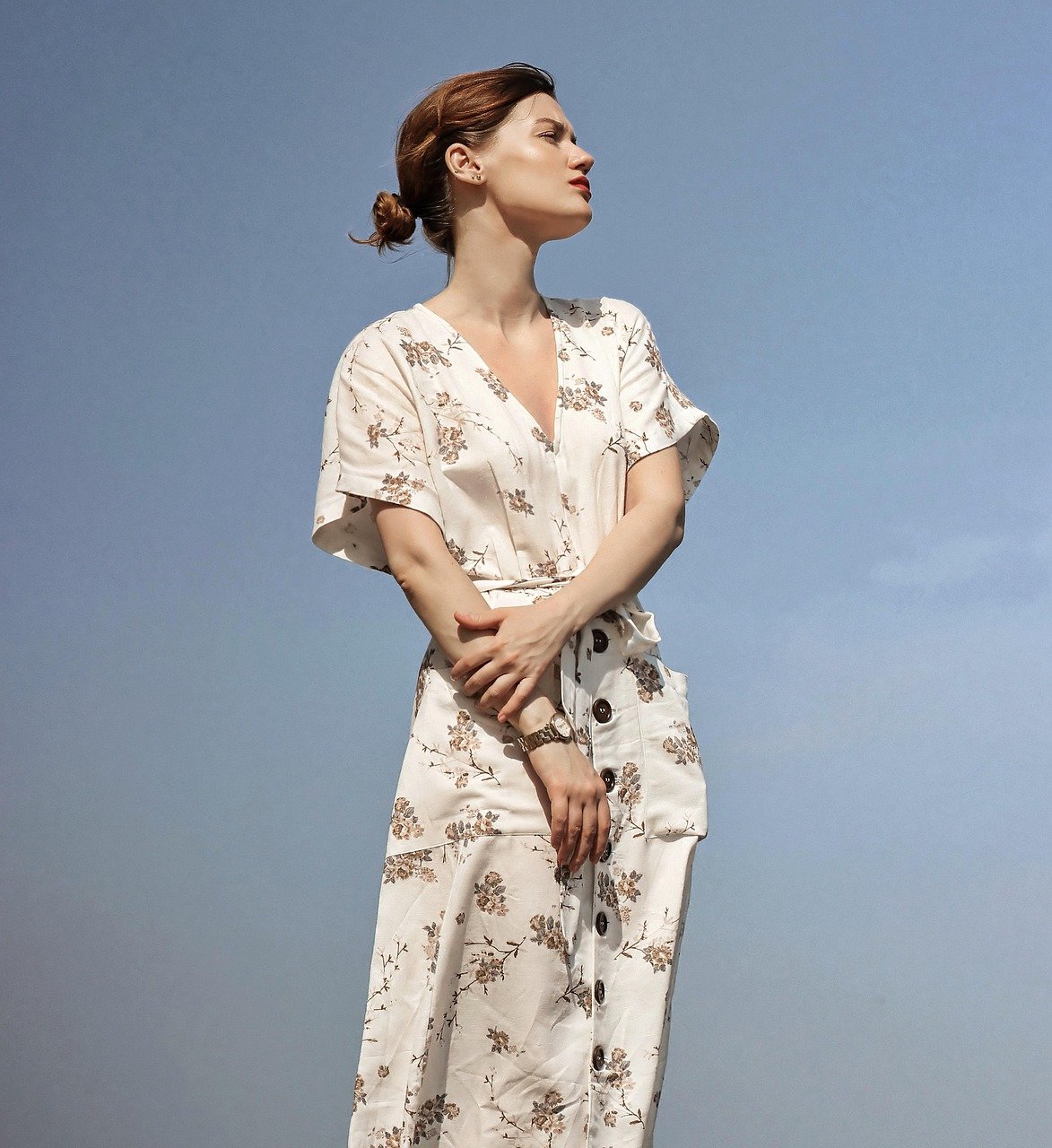 woman, portrait, model, dress, fashion, style, nature, stylish, outfit, stylish woman, female model, fashion model, young, floral dress, female portait, sky, look away
